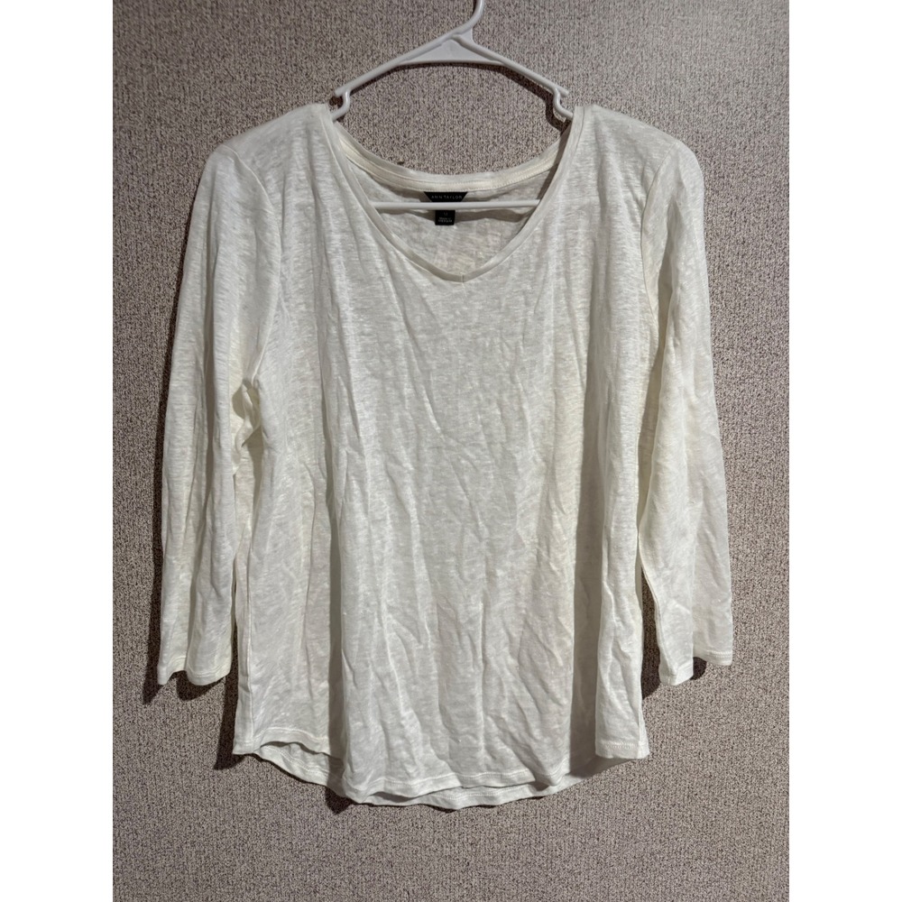 Ann Taylor Womens Medium White 100% Linen V-Neck Long Sleeve Top Slub Knit Tee